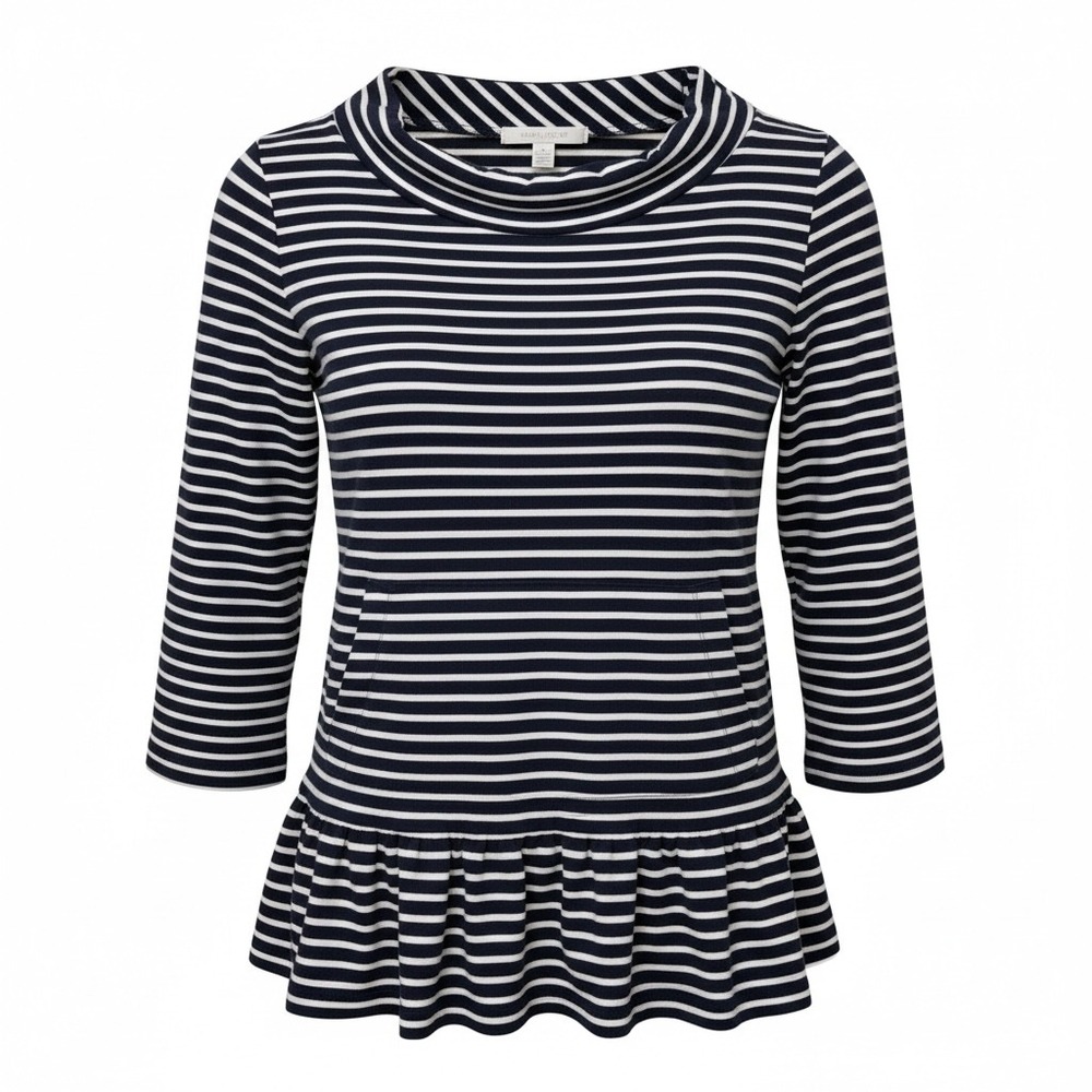 Kate Spade Striped Top Womens XS‎ Navy White Ruffle Hem Nautical Preppy Chic